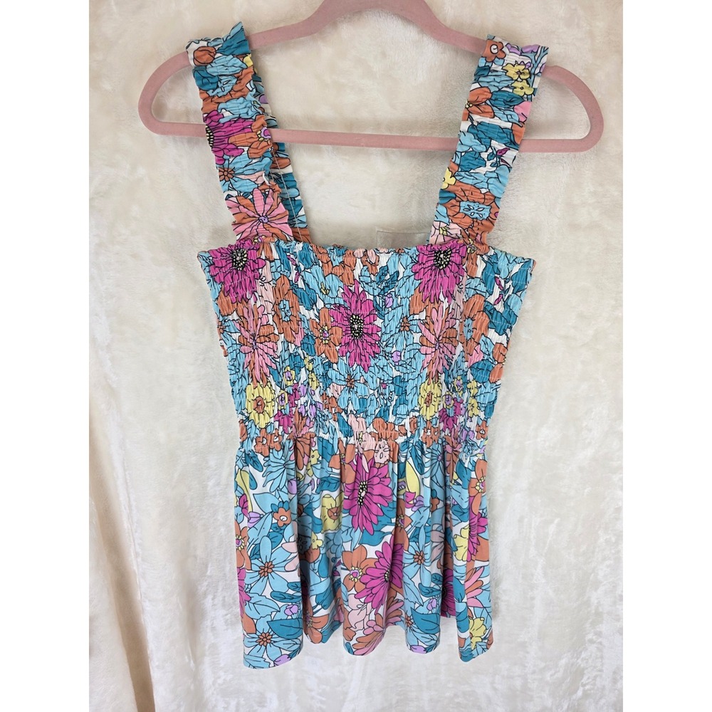 Wild Feathers Floral Smocked Peplum Top Womens‎ Small Retro Boho Ruffle Strap